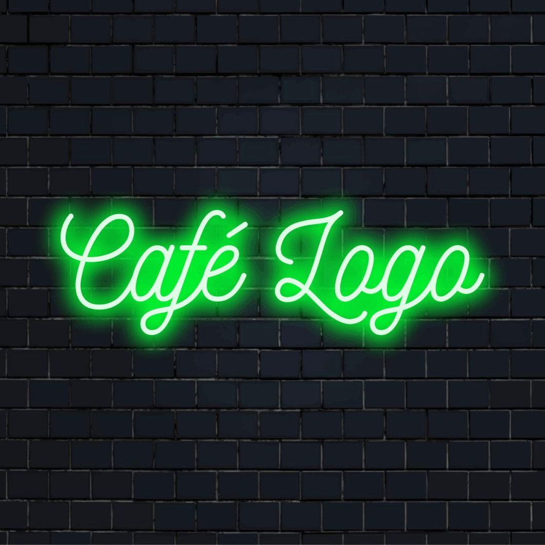 LED-Neonschild mit dem Design „Cafe Logo“ auf dunkler Ziegelwand