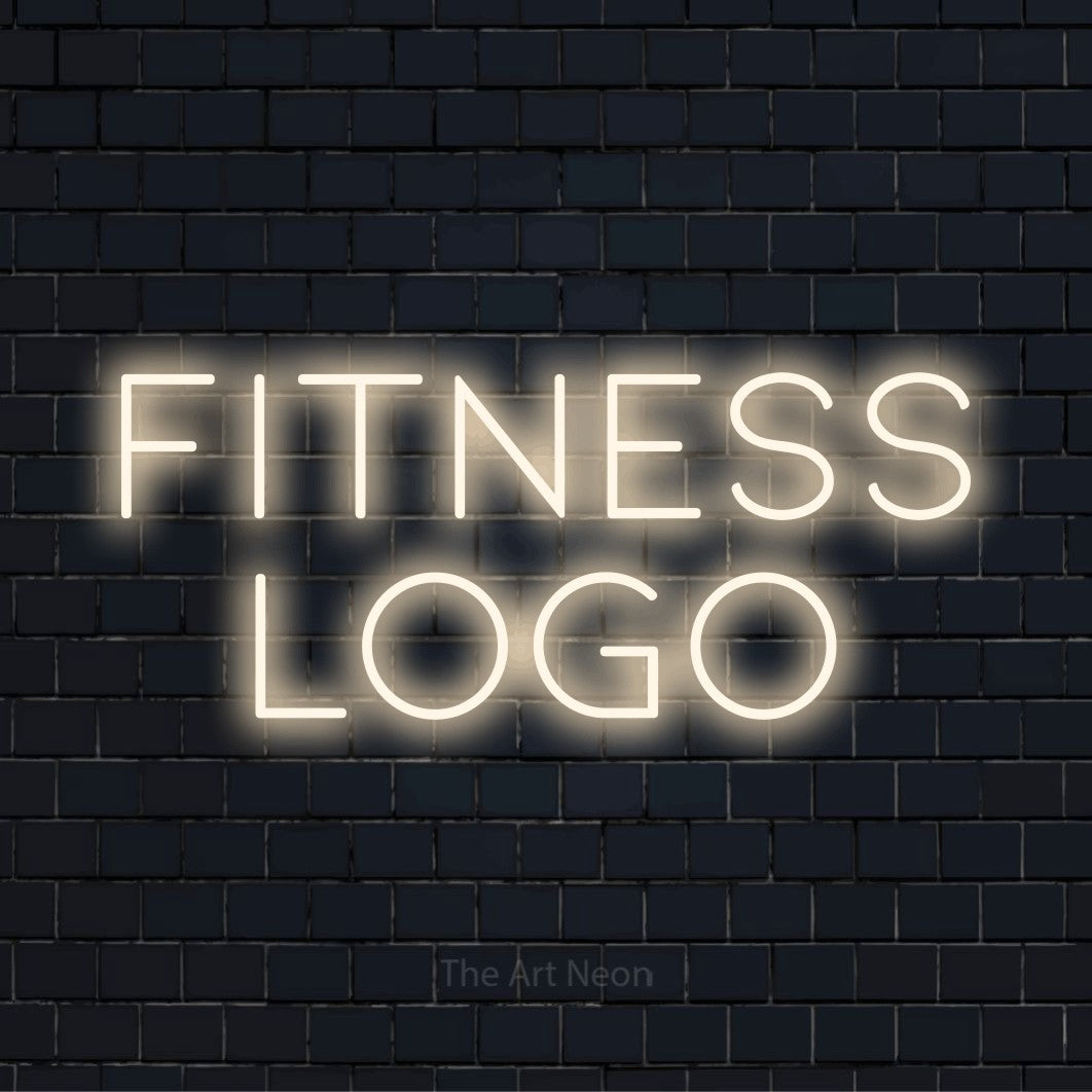 LED-Neonschild mit dem Design „Fitness Logo“ auf dunkler Ziegelwand