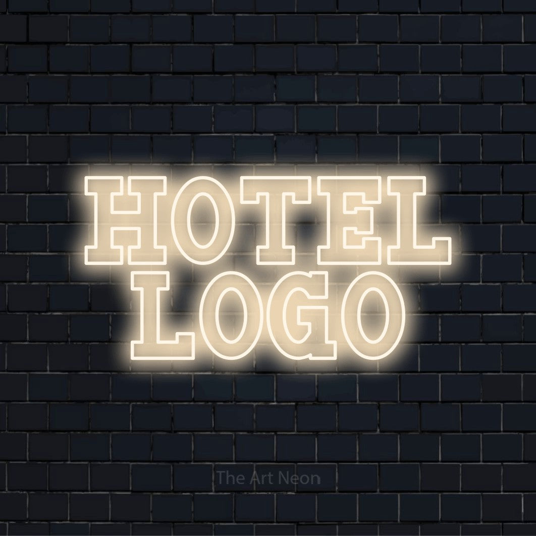 LED-Neonschild mit dem Design „Hotel Logo“ auf dunkler Ziegelwand