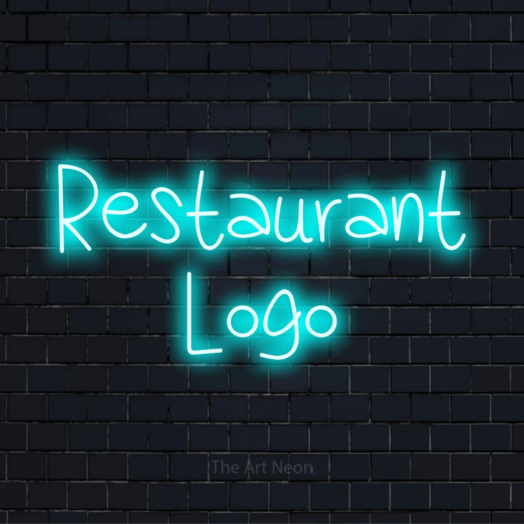 LED-Neonschild mit dem Design „Restaurant Logo“ auf dunkler Ziegelwand