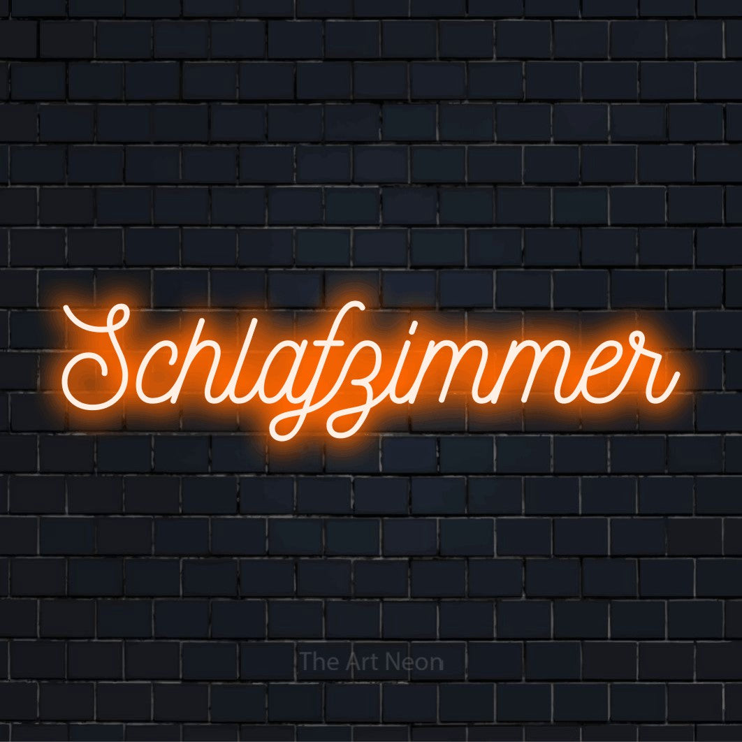 LED-Neonschild mit dem Text „Schlafzimmer“ auf dunkler Ziegelwand