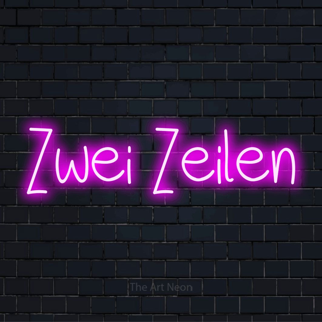 LED-Neonschild mit dem Text „Zwei Zeilen“ auf dunkler Ziegelwand