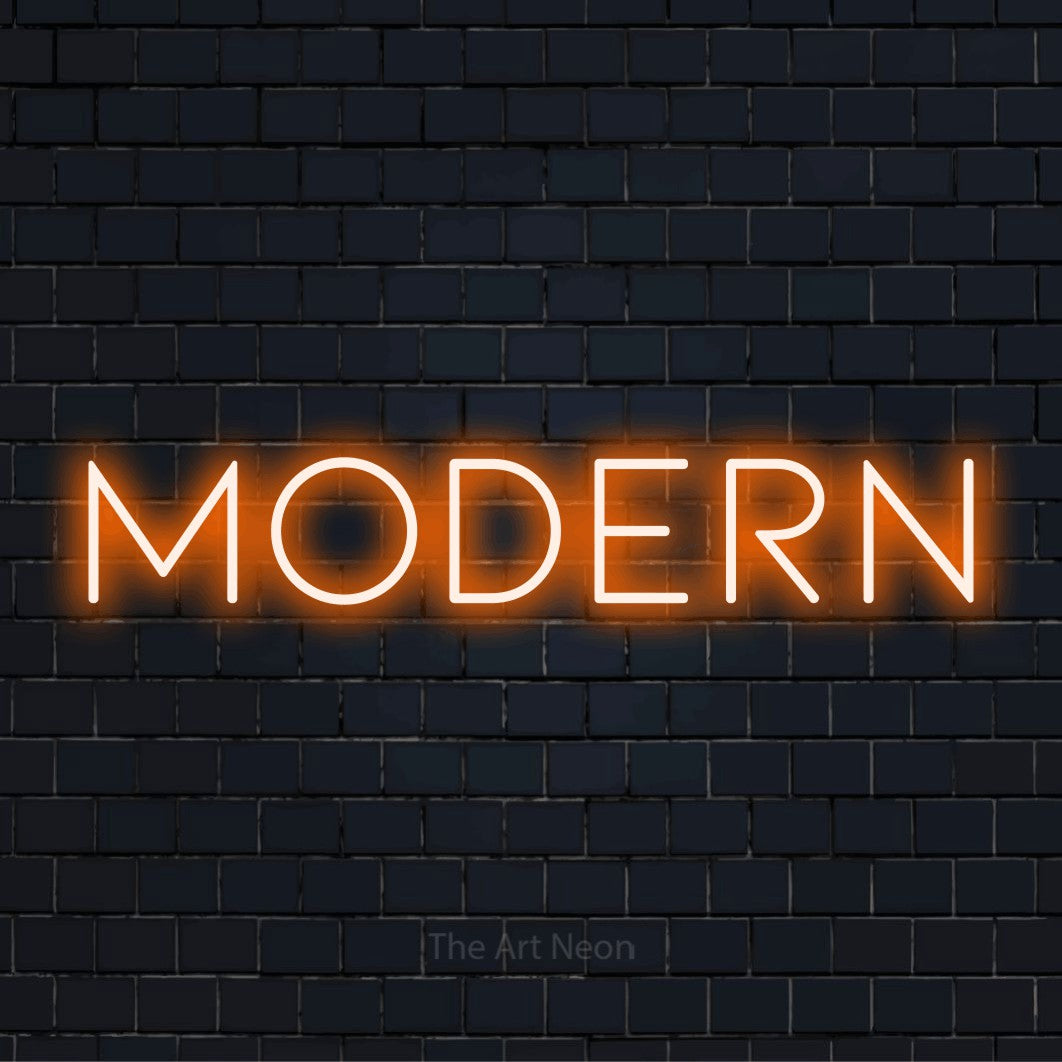 LED-Neonschild mit dem Text „Modern“ auf dunkler Ziegelwand