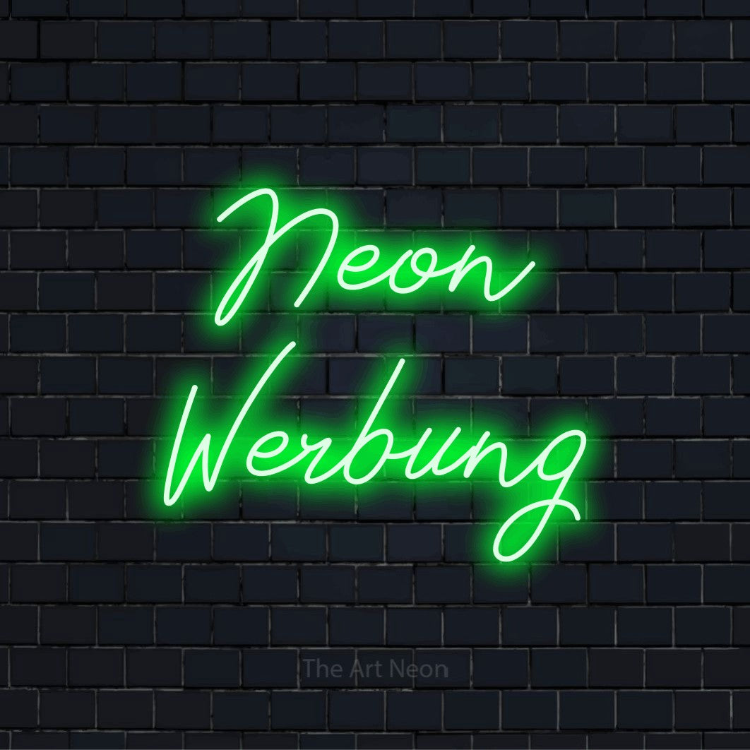 LED-Neonschild mit dem Design „Neon Werbung“ auf dunkler Ziegelwand