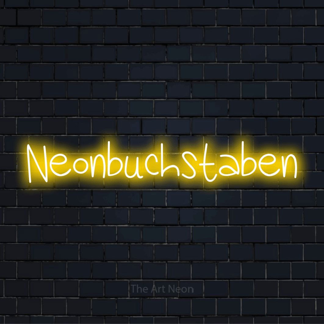 LED-Neonschild mit dem Text „Neonbuchstaben“ auf dunkler Ziegelwand