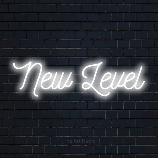 "New Level" neon text design on a black brick wall