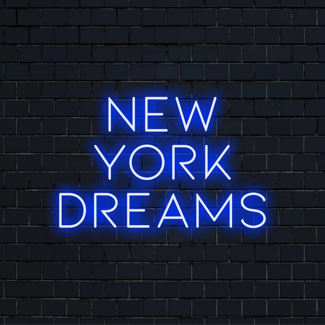 New York Dreams LED Neon Sign, neon text light against brick backdrop