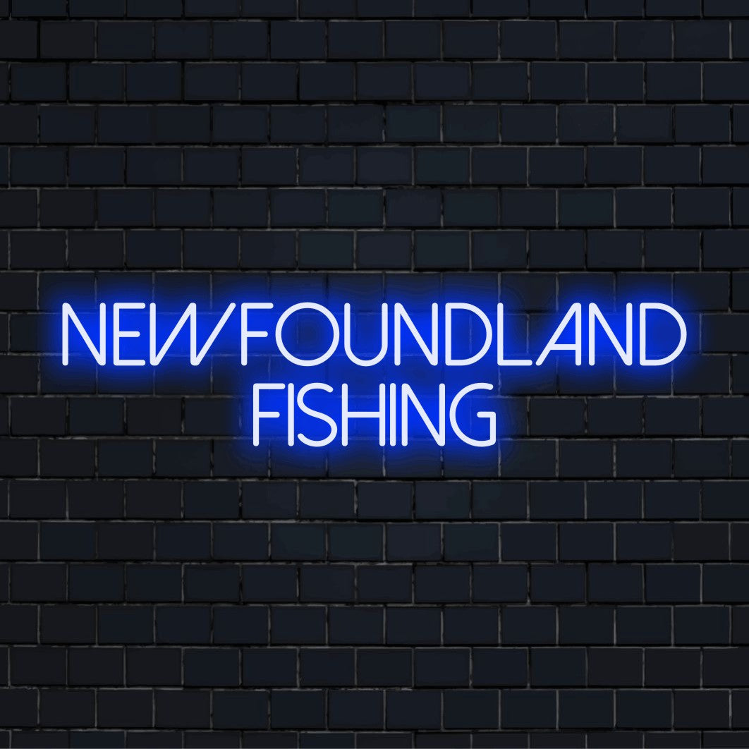 Newfoundland Fishing Neon Light with soft neon glow on dark brick background