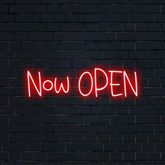 Now Open Neon Sign, glowing neon text on black brick background