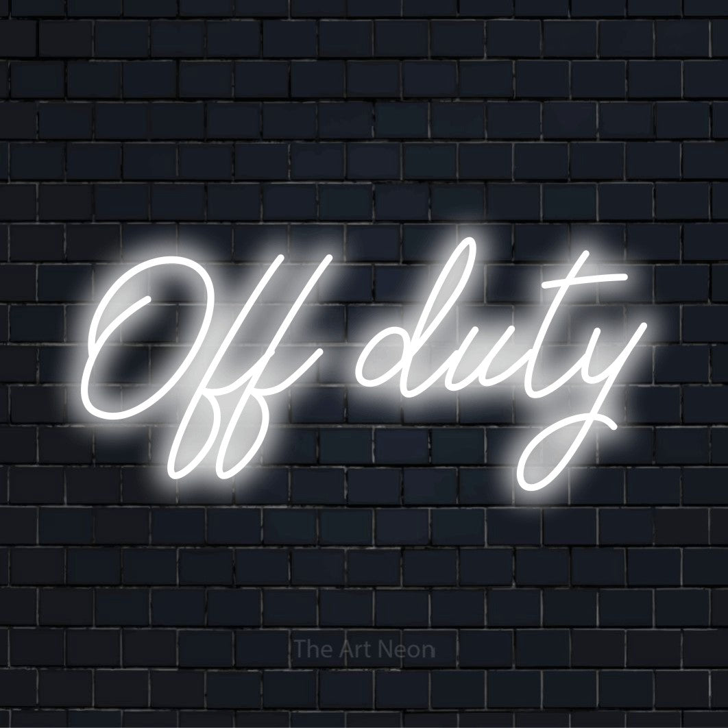 "Off Duty" text design with neon effect on a black brick wall