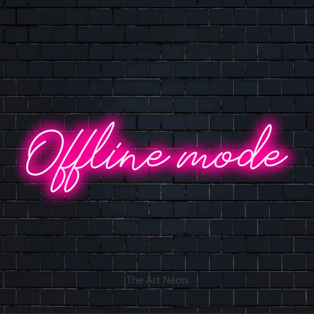 "Offline Mode" text design with neon effect on a black brick wall