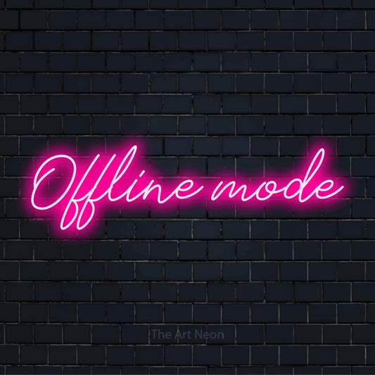 "Offline Mode" text design with neon effect on a black brick wall