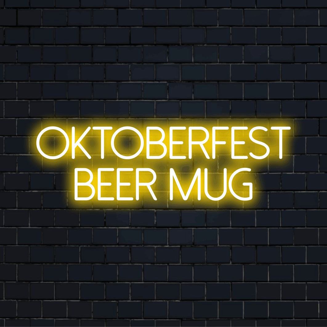 Oktoberfest Beer Mug Neon Sign, bright LED glow on dark brick background
