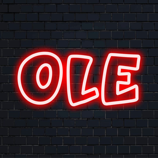 Ole Neon Sign, glowing lettering on black brick background