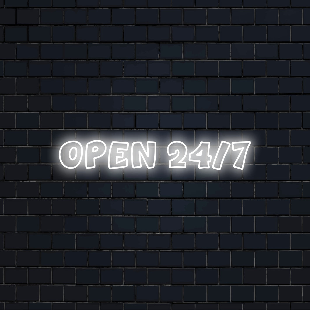 Open 24 7 Neon Sign, bright neon glow against black brick wall