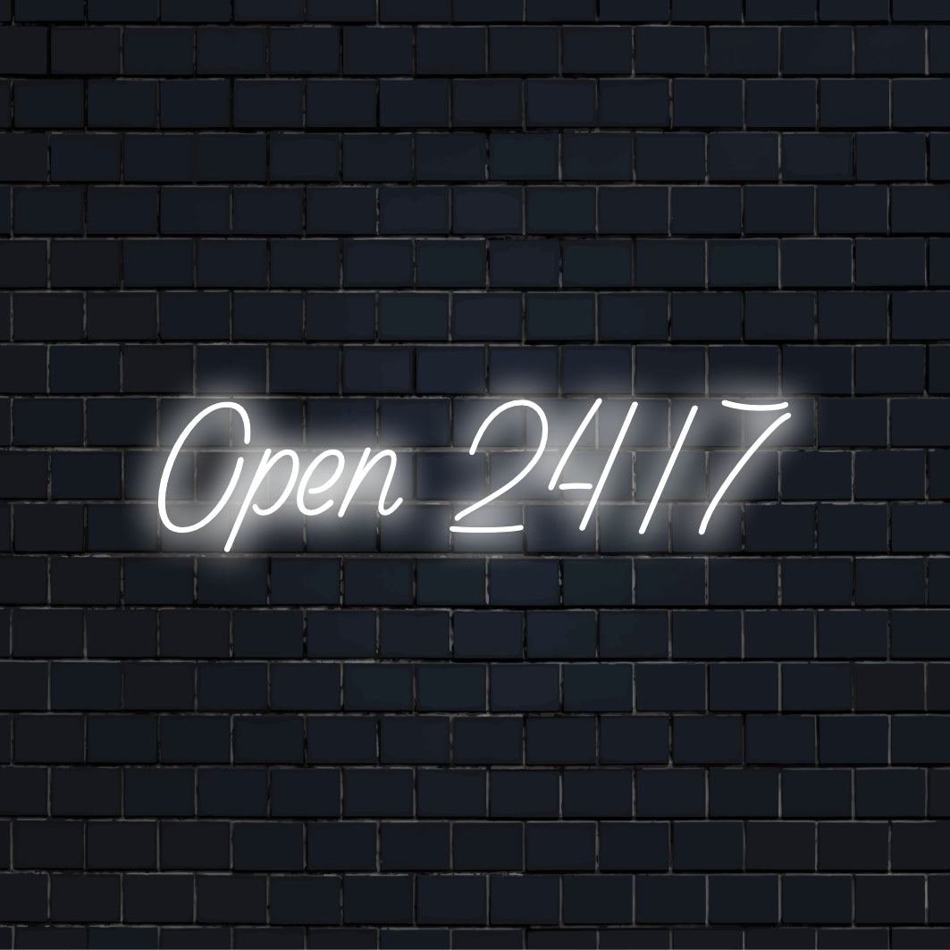 Open 24 7 Neon Light with bright LED glow against black brick wall