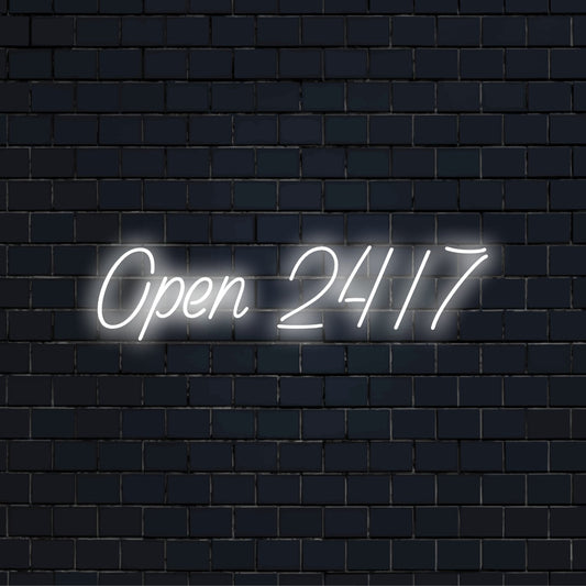 Open 24 7 Neon Light with bright LED glow against black brick wall
