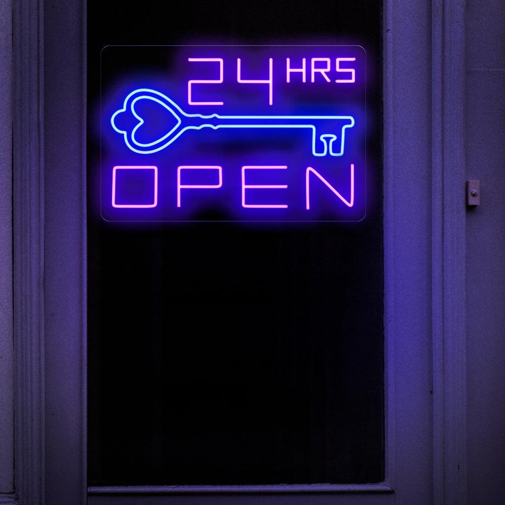 En iögonfallande neonskylt som stolt visar orden "Open 24 Hours" med feta, glödande bokstäver, 