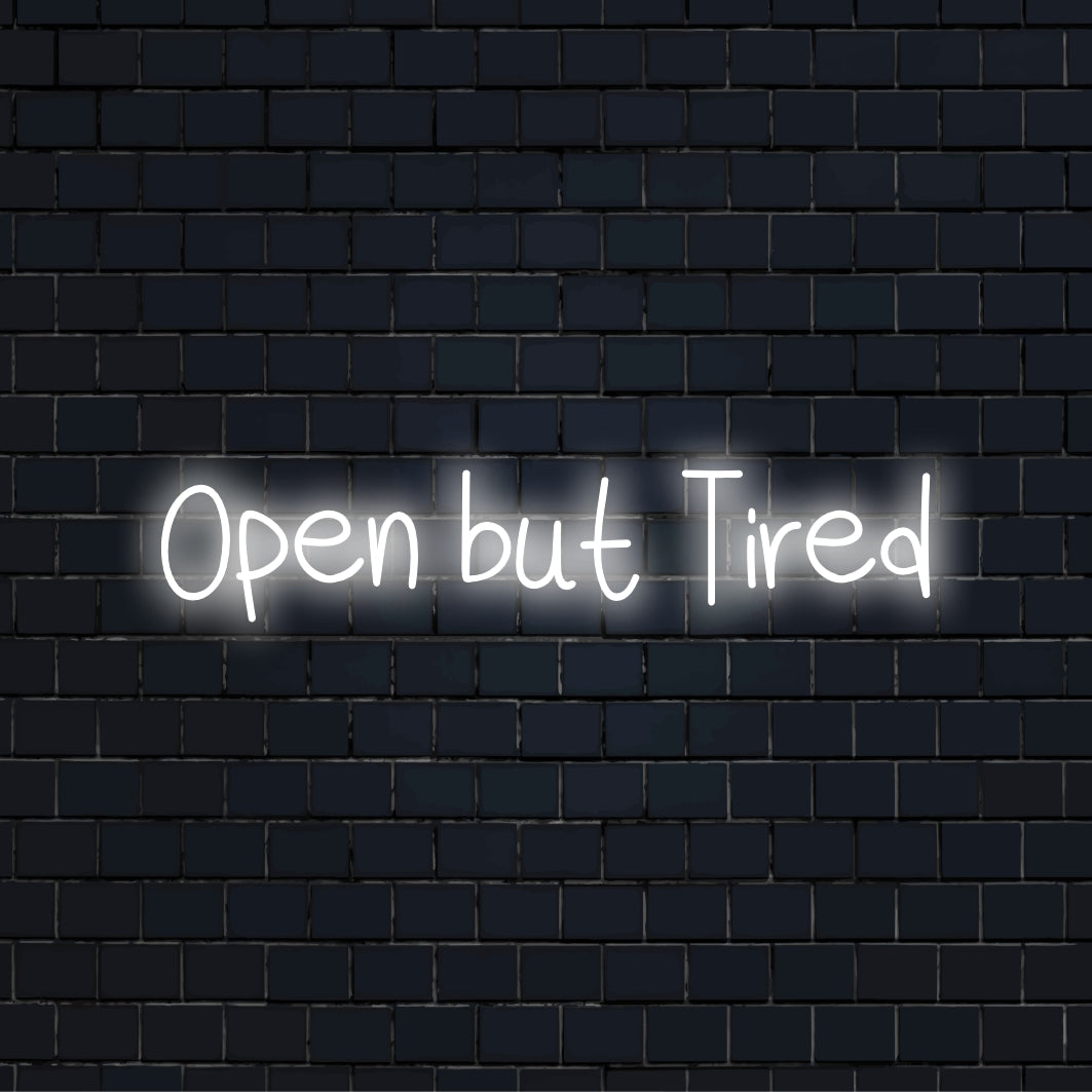 Open But Tired Neon Sign, soft neon glow on black brick background