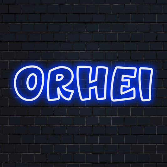 Orhei Neon Light with bright neon glow on dark brick background