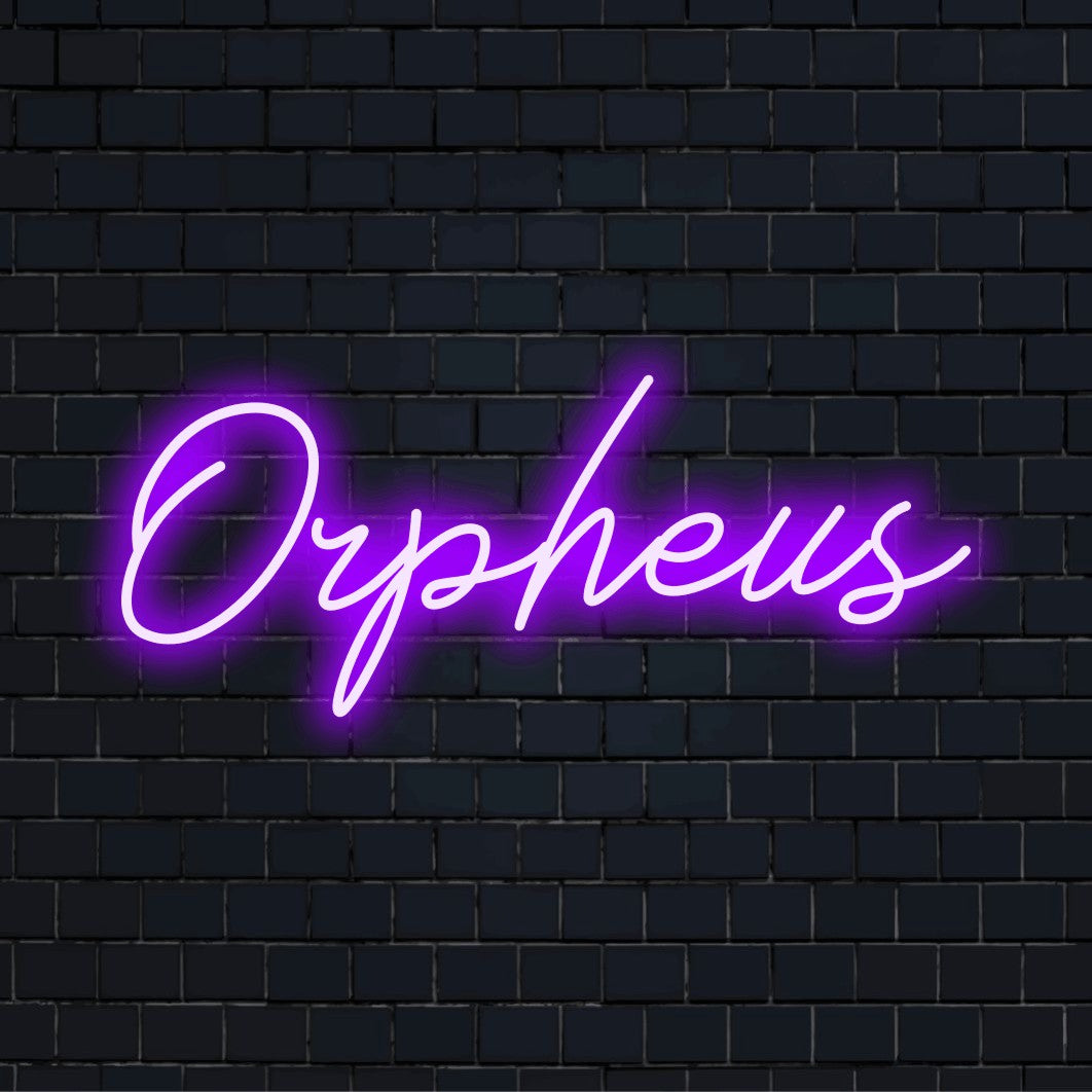 Orpheus Neon Sign, bright neon lettering against brick backdrop