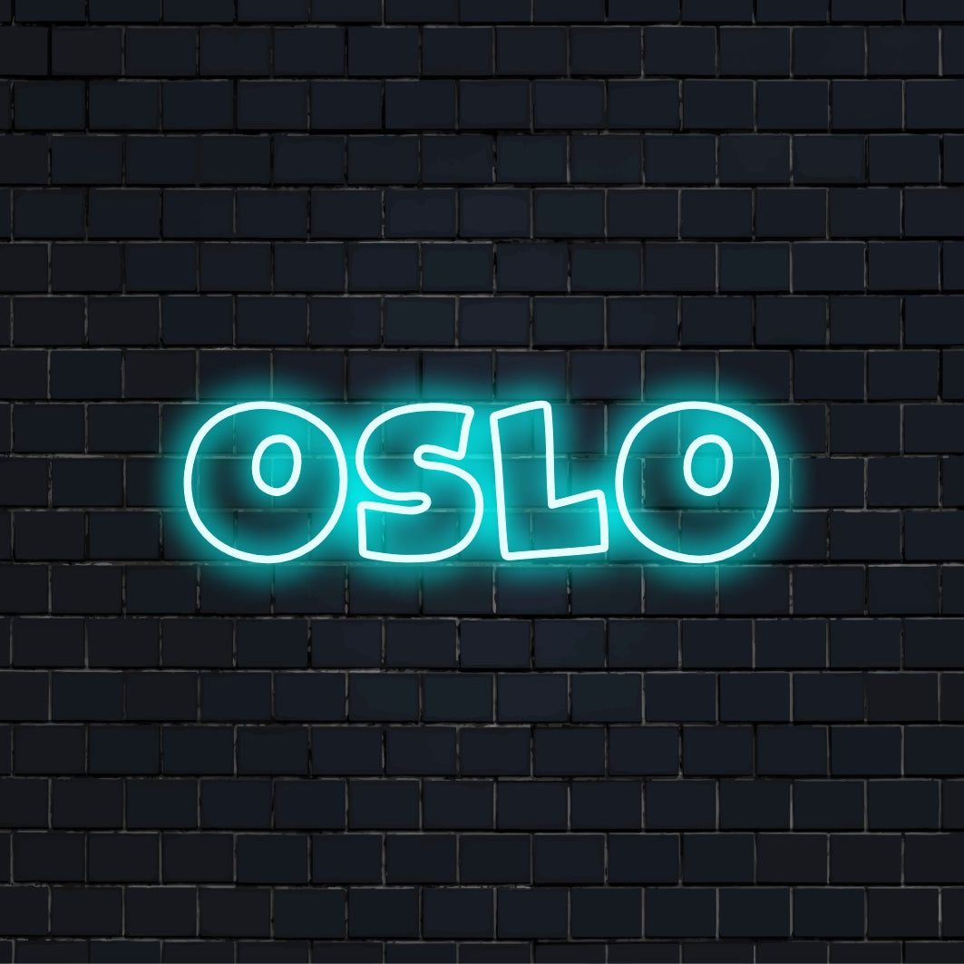 Oslo Neon Light with soft neon glow against black brick wall