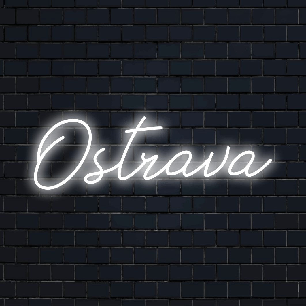 Ostrava LED Neon Sign, glowing wall decor on dark brick background