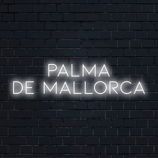Palma De Mallorca LED Neon Sign, neon text light on black brick background