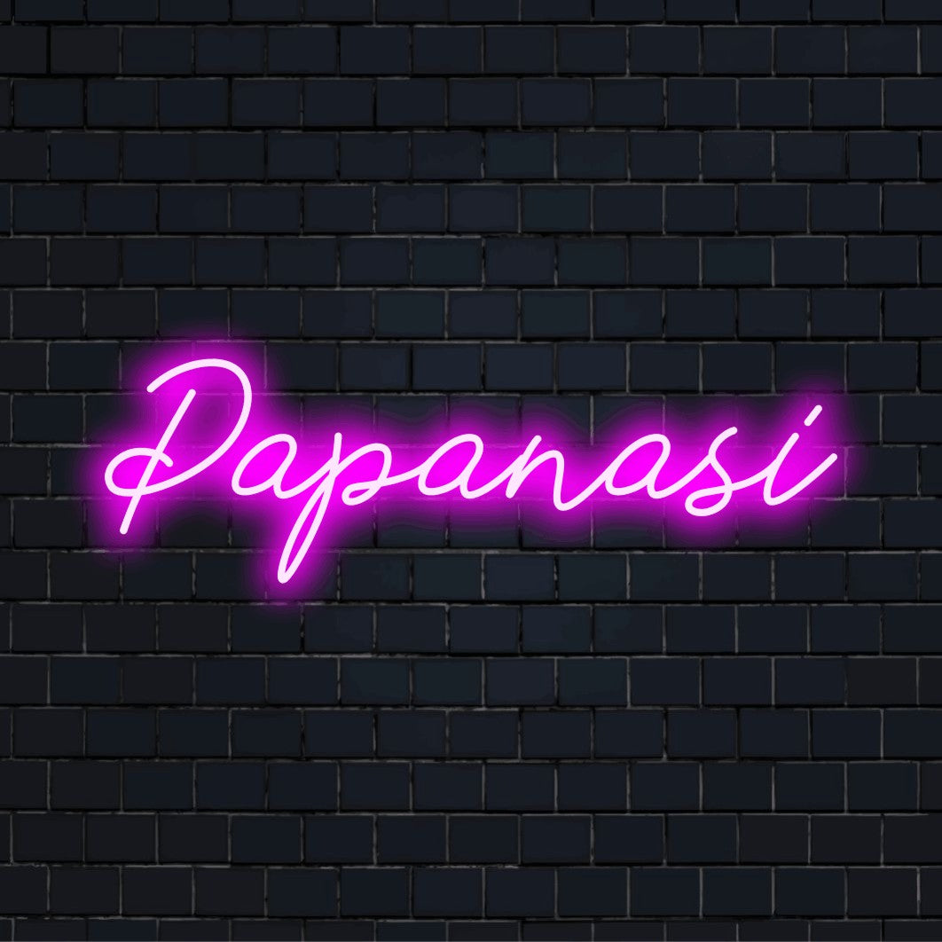 Papanasi LED Neon Sign, bright LED glow on dark brick background