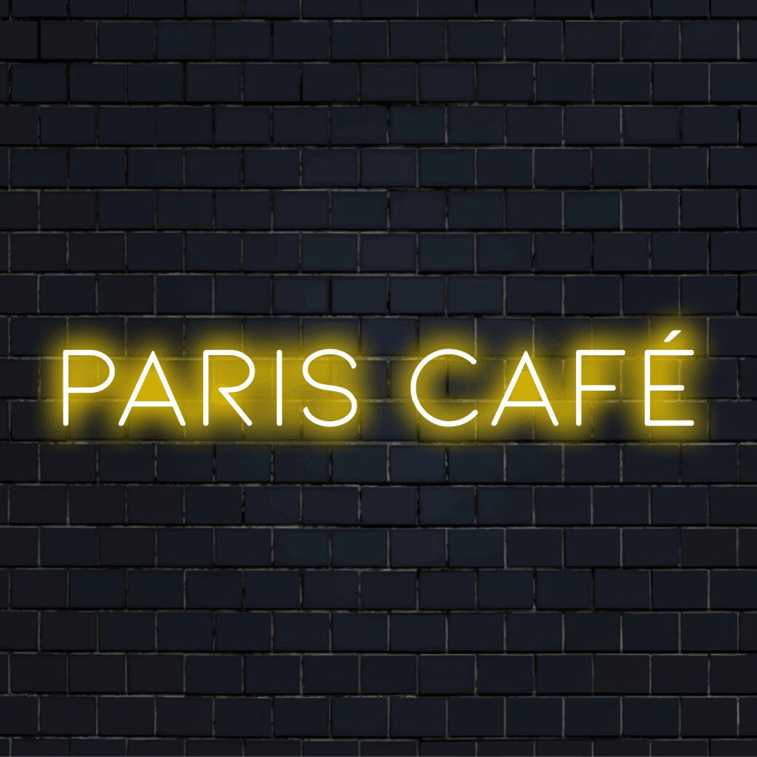 Paris Caf Neon Sign, neon text light on black brick background