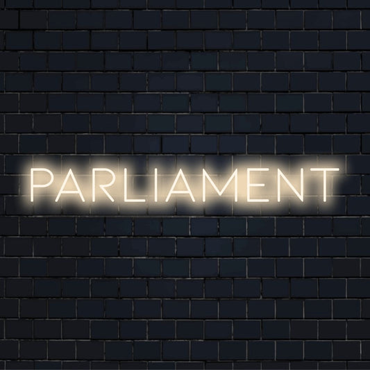 Parliament LED Neon Sign, bright LED glow on dark brick background