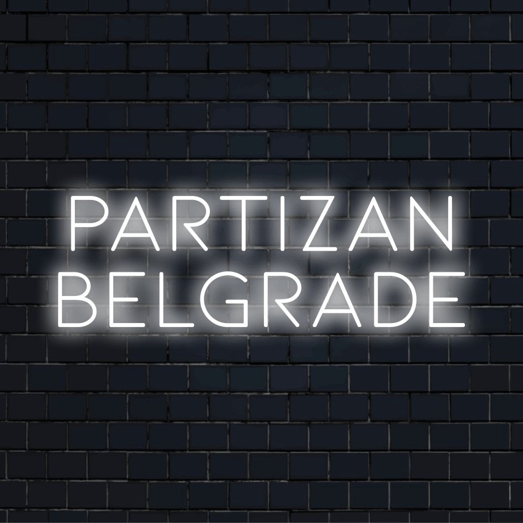 Partizan Belgrade LED Neon Sign, bright neon glow on dark brick wall