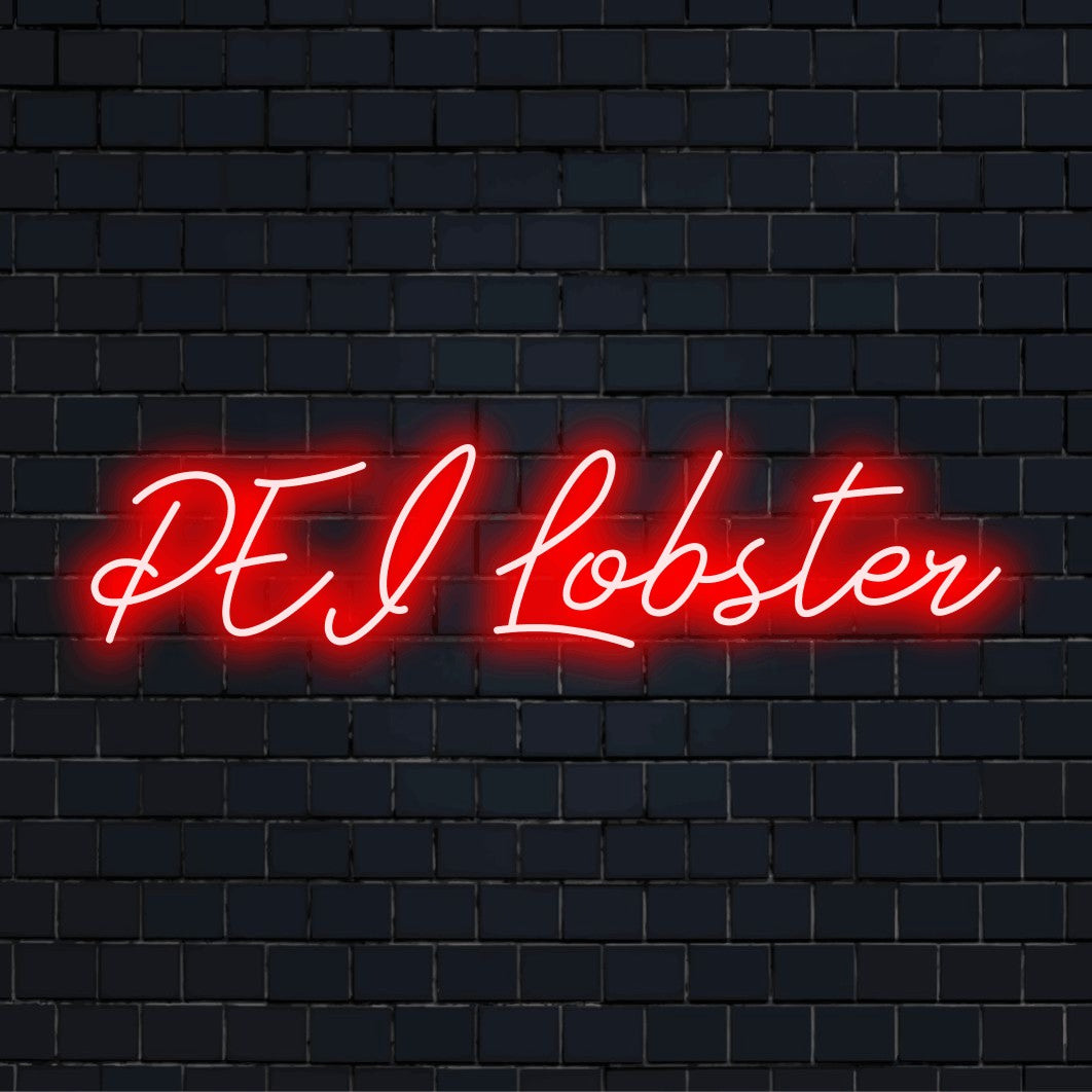 Pei Lobster Neon Light with glowing wall decor against black brick wall