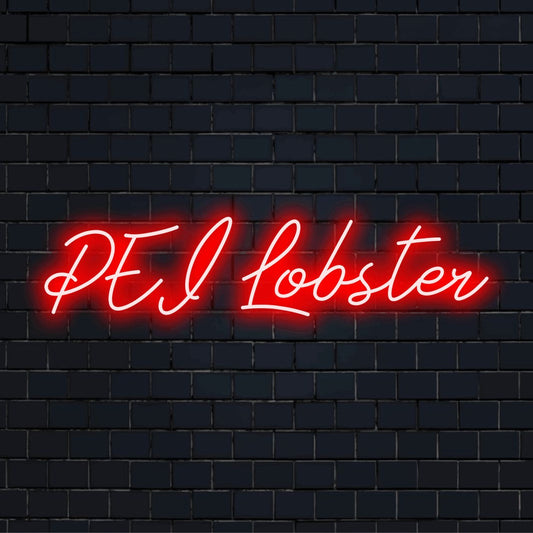 Pei Lobster Neon Light with glowing wall decor against black brick wall