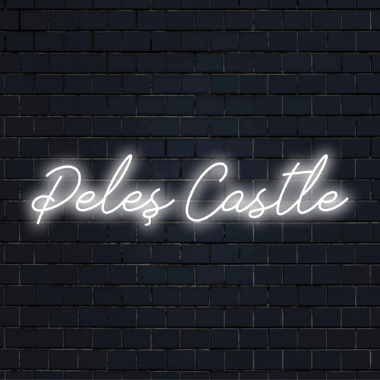 Peles Castle Neon Light with neon text light on black brick background