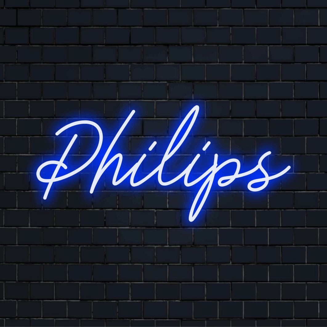 Philips LED Neon Sign, glowing wall decor on dark brick wall