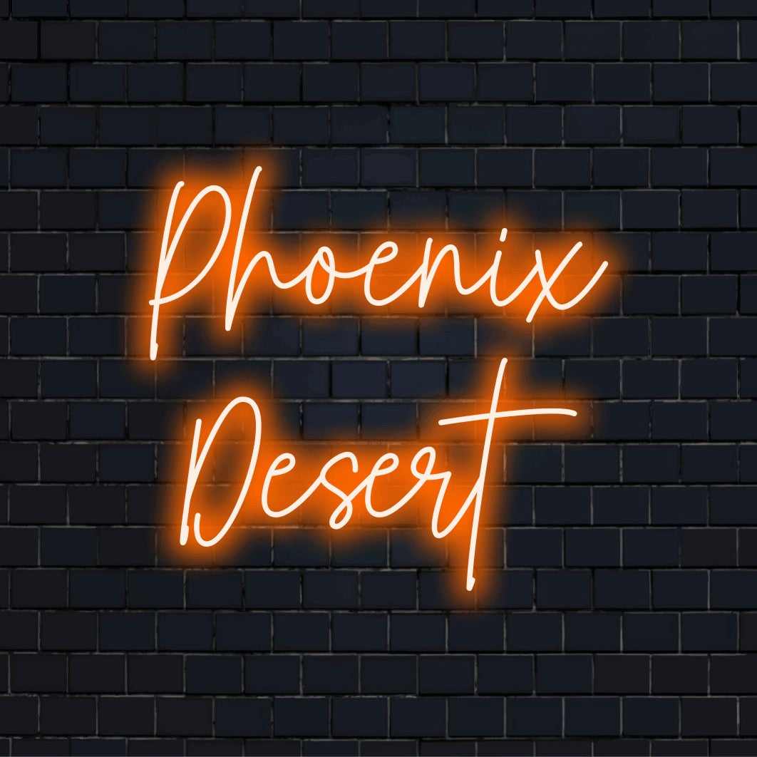 Phoenix Desert Neon Light with bright neon glow on black brick background