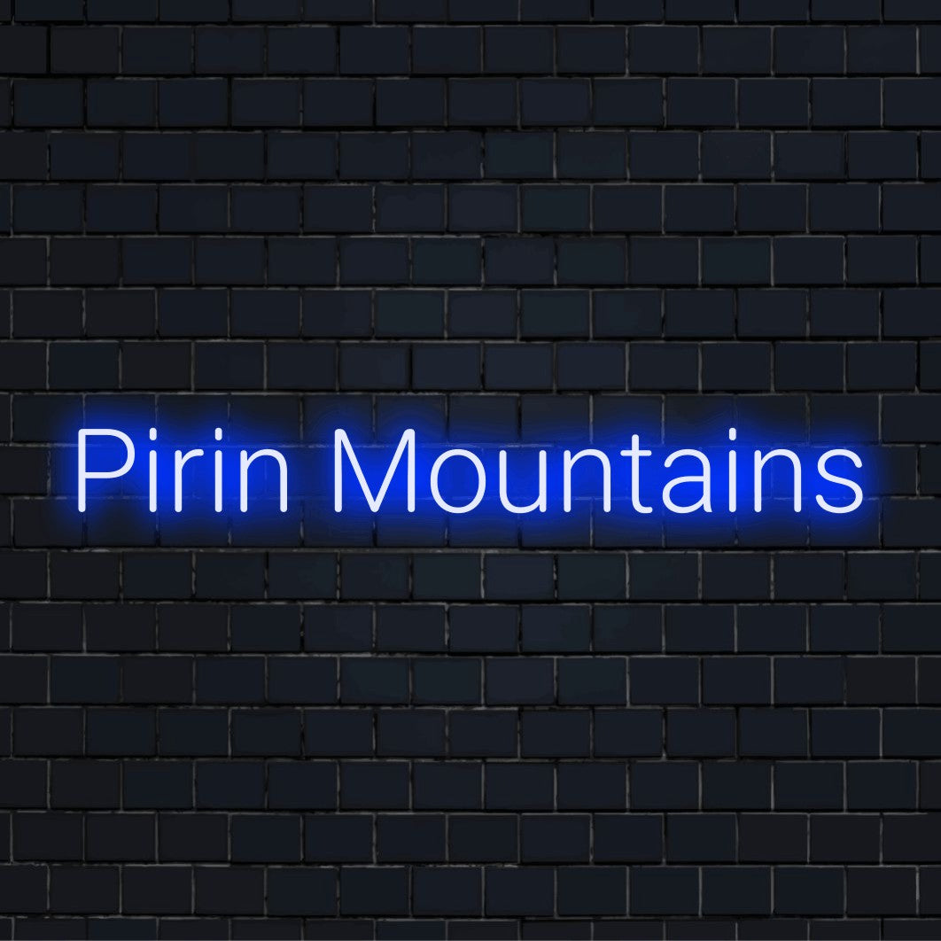 Pirin Mountains Neon Sign, glowing wall decor on dark brick background