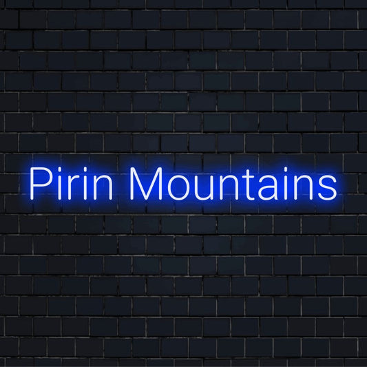Pirin Mountains Neon Sign, glowing wall decor on dark brick background