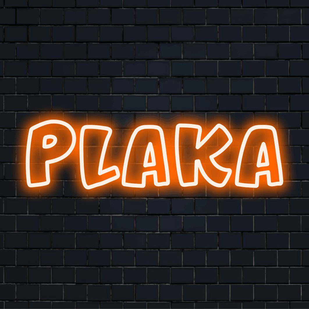 Plaka Neon Sign, glowing wall decor against black brick wall