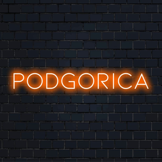 Podgorica LED Neon Sign, soft neon glow against brick backdrop