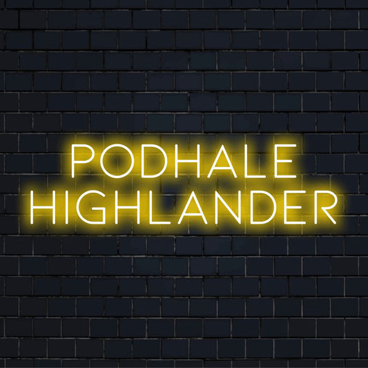 Podhale Highlander LED Neon Sign, glowing wall decor on dark brick background