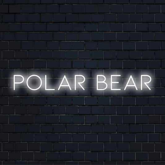Polar Bear LED Neon Sign, glowing neon text on dark brick wall