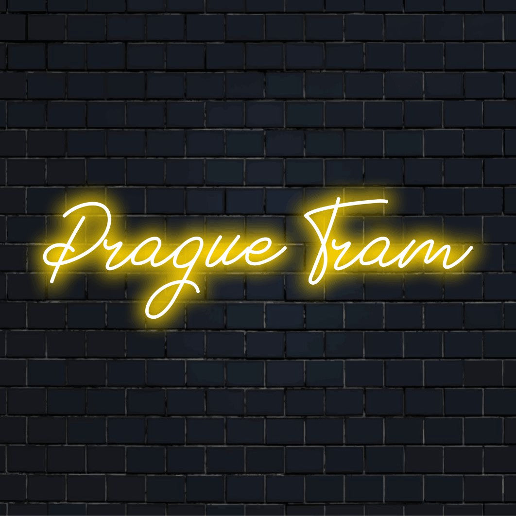 Prague Tram Neon Light with bright neon glow on black brick background