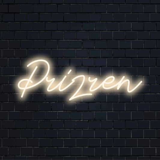 Prizren LED Neon Sign, neon text light against black brick wall