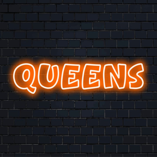 Queens Neon Sign, bright neon glow against black brick wall