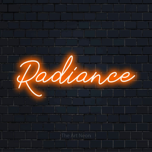 "Radiance" text design with neon effect on a black brick wall