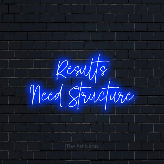 "Results Need Structure" text design with neon effect on a black brick wall