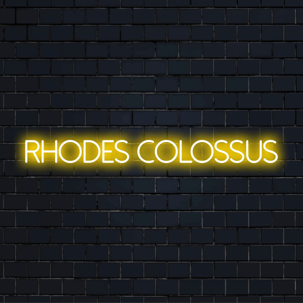 Rhodes Colossus Neon Light with glowing wall decor on black brick background