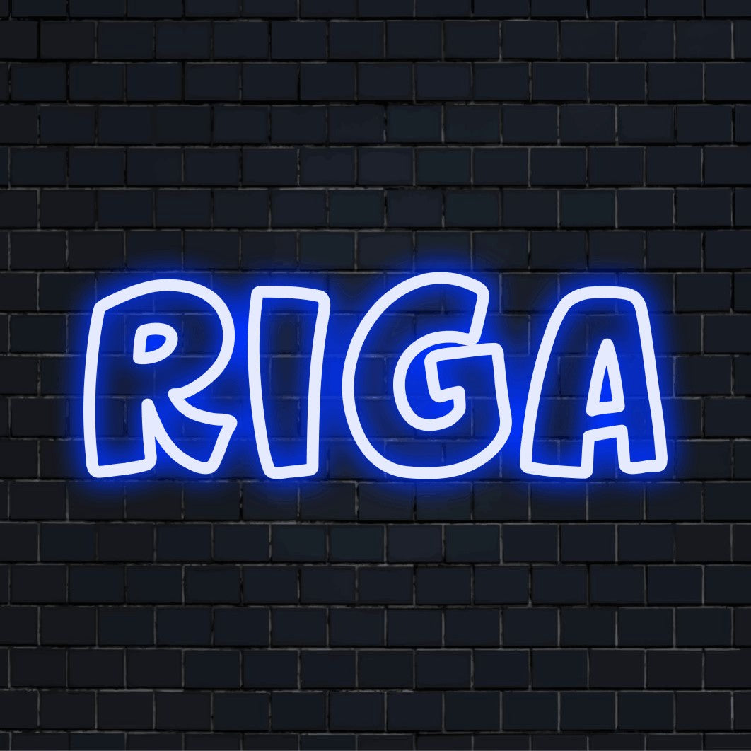 Riga Neon Sign, bright neon glow on dark brick wall